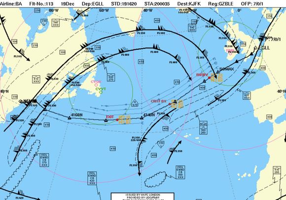 And finally for comparison a chart of the NAT tracks for that day headed westbound. You can see that BA183 would have been headed into some strong jet streams (the thick black lines) further adding to the flight time. The only reason you’d do that is for tech reasons precluding ETOPS and or NAT HLA entry. 