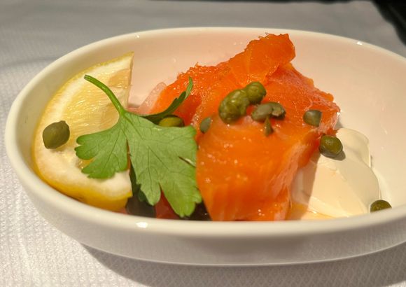 Smoked salmon, 3 generous pieces, light and nicely balanced between acid and fat.