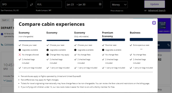 SFO-KUL showing Economy Non-Changeable and the rules associated with it.  Note: SFO-KUL routes through SIN and that would make SFO-SIN upgrade eligible on this fare.
