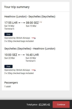 Example itinerary for London to Seychelles at £2,296.