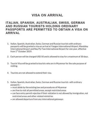 New Tourist Visa on Arrival notice for Myanmar