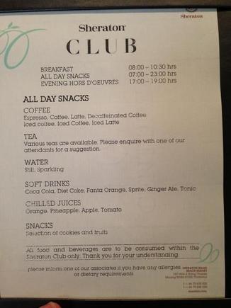 Club Lounge menu and schedule