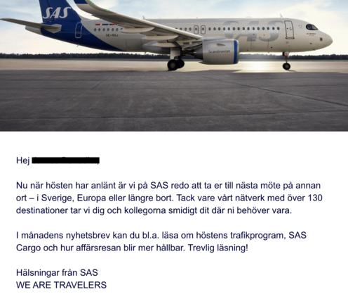 "Senaste nytt från SAS inför hösten" email 27 September 2022