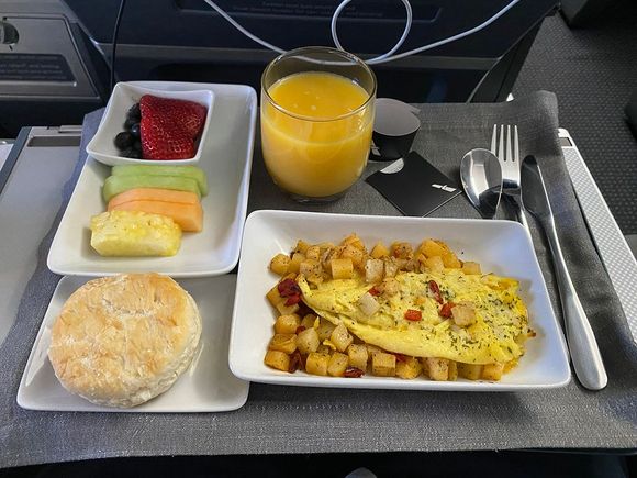 SEA-DFW Three cheese omelet served with seasoned potatoes