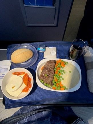 Wow this was a great surprise.  Meal ordered was not available but the choice was beef or chicken.  Just like the old days  - Beef/Peas=Carrots/Mash Potatoes  - No dessert.  