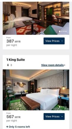 Screenshot showing there were 5 King Suite rooms available as the next best category after the lead-in room I booked (above).
