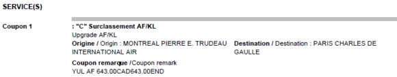 Upgrade price from YUL to CDG (Y to J) on 05/29/2016