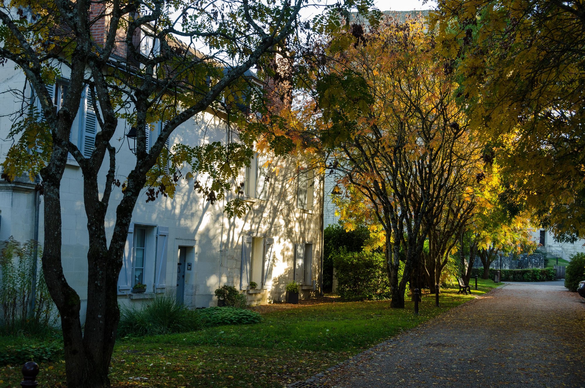 *An essential lane to stroll in Loches during the fall: Mail du Donjon. We returned more than once. This white residence was called la Deviniere (the guesser). The owners had created a circular inset mid-wall to display a little pink dollhouse!