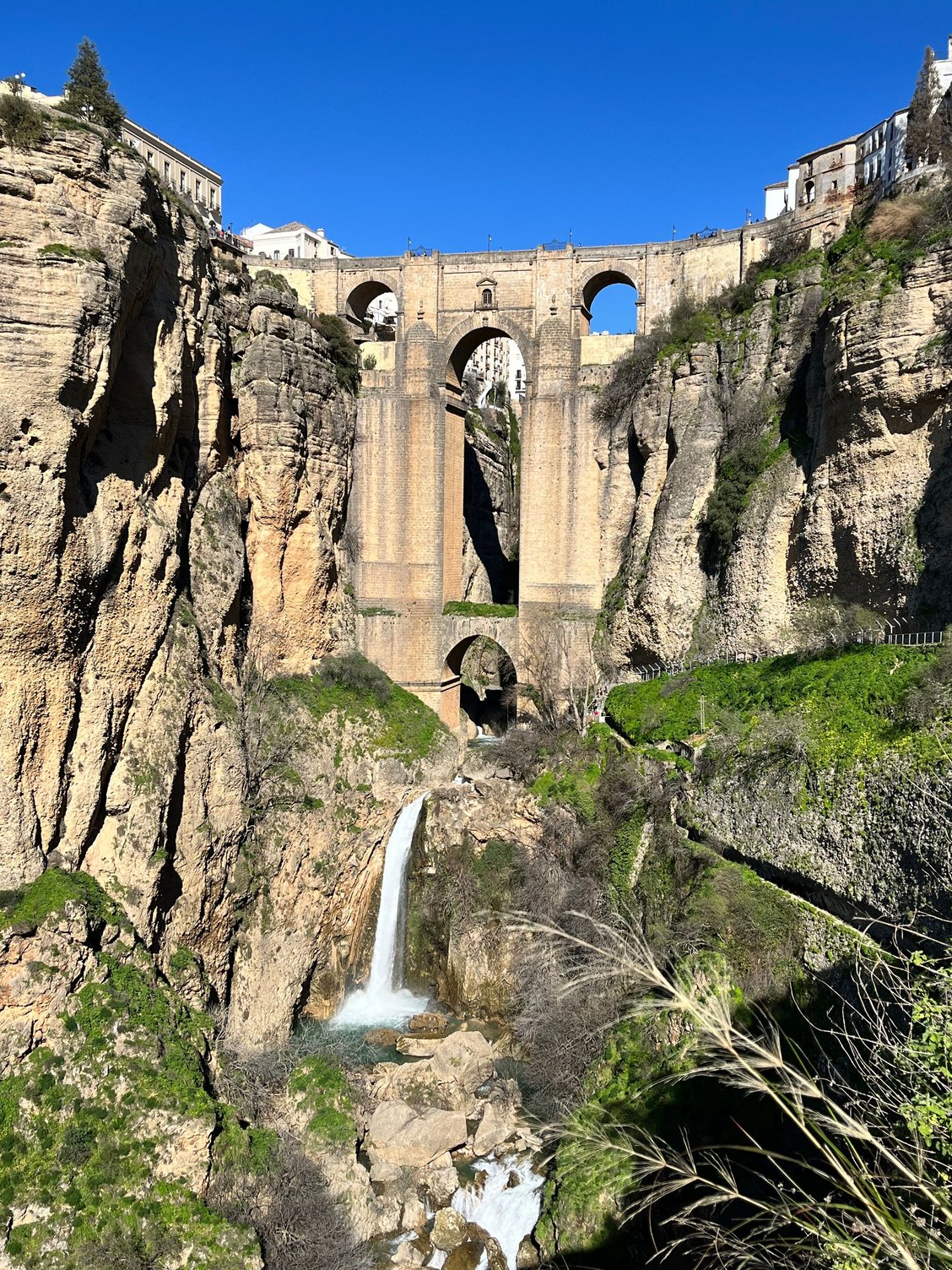 View from the start of Desfiladero de Tajo — you can see the walkway on the right side of the cliffs