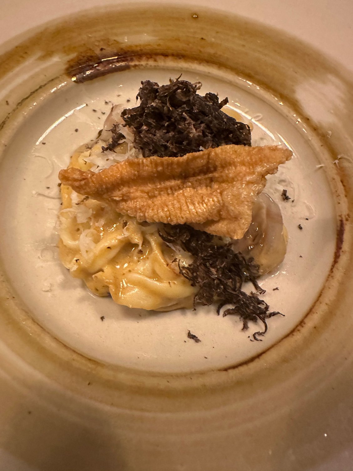 Espardenyas, or sea cucumber, ate a Catalan delicacy.  Delicate meat balanced with pancetta fromJoselito and pecorino in the chef�s version of a carbonara