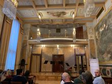 Gregr Hall inside the Municipal House where tonight we listened to a terrific one hour performance of various classical musical hits by seven professional  musicians.
