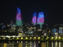 Flame Towers at Night, Lit in the Colors of the Azerbaijani Flag