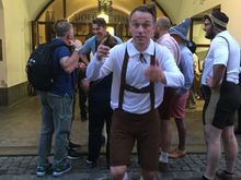 Munich, Germany entrance to the Hofbrauhaus (beer hall). He was coming to grab me and spin me so he was in mid step. 