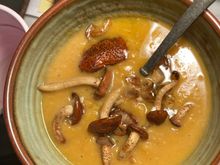 Here’s tonight’s butternut and delicata soup with roasted chestnut mushrooms and an unintentional splash of almond milk.