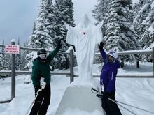 Me and Kate high-fiving Ski-Jesus.  There is a long legal battle about this statue. 