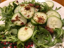 
Arugula salad with hothouse cucumber, bacon and a pommery mustard vinaigrette I made for the first time.  It’s really easy and good!, just substitute it for Dijon in your regular recipe. 

