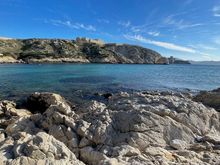 View across the calanque to the ruined Hopital Caroline