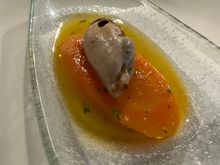 Complimentary starter at one of 2 weekend lunches.  A slice of (very sweet) carrot topped with a luscious mussel bathed in a citrus vinaigrette...Sounds so simple; tastes so complex, and so very good!