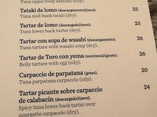 El Alferez carta (menu) of raw seafood dishes; this is just one section of the menu which also includes cooked seafood and fish.