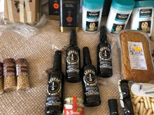 Closeup, including sherry vinegars and olive oils