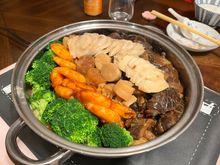 "Poon Choi" again my SIL's heritage. It's may layers of various food put together in a pot. I think she cooked them separately and then keep them warm. Includes lotus root, pork, sea cucumber, duck feet, shiitake mushrooms, abalone, dried scallops, shrimp and broccoli 