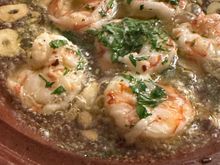 Dinner at my hotel, first night after arriving:

Gambas al Ajillo (shrimp w with garlic sauce)