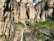 View from the start of Desfiladero de Tajo — you can see the walkway on the right side of the cliffs
