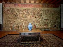 Inside the Paco dos Duques de Braganca - Ducal palace and history museum - massive tapestry in the welcoming room