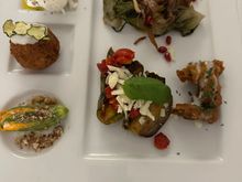 The mixed appetizer plate had zucchini blossoms stuffed with ricotta, vegetarian meatball, stratciatella cheese (one of my favorite fresh cheeses; hard to find in the US); stuffed eggplant, fried Cardoncelli mushroom.