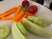 Platter of raw vegetables including the exceptional cuccumarazz, the hybrid of melon and cucumber local to Fasano