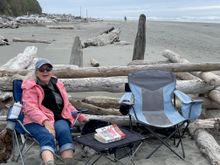 Did I say we were close to the beach?  Right below us.  A little windy this afternoon so we snugged in against some logs.