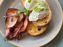 Ed's poached eggs with sourdough toast and the best bacon ever!