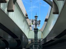 The highway divides above the bridge