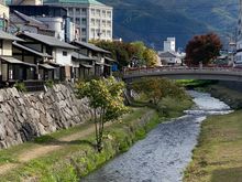 View of the Metoba River with mountains in the distance. 