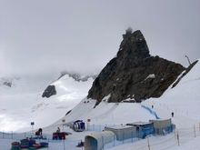 At the start of our hike to Mönchsjochhütte, looking back at the Sphinx Observatory still shrouded in clouds