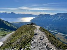 View of Turnagain Arm from Alyeska upper tram terminal (up near the top of Mighty Mike trail). Steep drop off on the right 