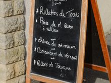 The sandwich board in Azay-le-Rideau trumpets rillettes and rillons, both traditional foodic items in the Loire. In Azay, check out Creperie Odette--must reserve ahead.
