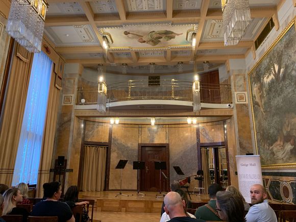 Gregr Hall inside the Municipal House where tonight we listened to a terrific one hour performance of various classical musical hits by seven professional  musicians.