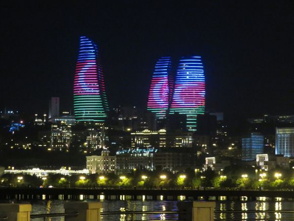 Flame Towers at Night, Lit in the Colors of the Azerbaijani Flag