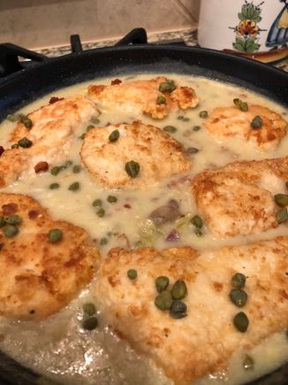 
Chicken pieces added back in after sauce thickened, capers added for acidic finish.  Will serve with pasta and salad.  If I get my second wind I will make bruschetta to have with our 5 pm cocktail.  (Mother is here, cocktail hour has been reinstated)