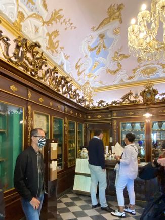 Sam trying to blend in at the Santa Maria Novella Pharmacy 