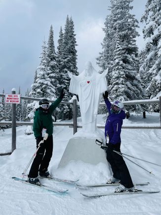 Me and Kate high-fiving Ski-Jesus.  There is a long legal battle about this statue. 