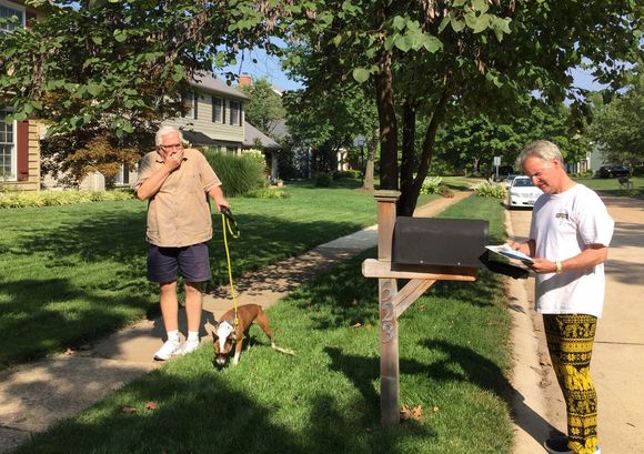 Me on the right with my bold, out of comfort zone Elephant Pants  which have become my every day wear in spring and fall. I think I bought them from some Hermès equivalent kiosk for $2.00 somewhere in Asia last Spring. The neighbor obviously loved the look. 