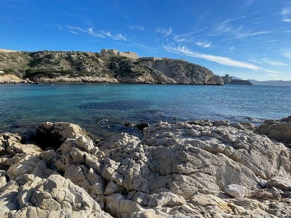 View across the calanque to the ruined Hopital Caroline