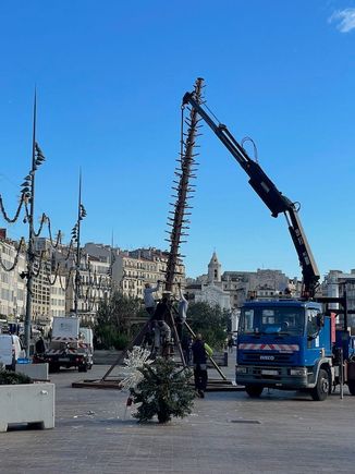 Putting up the tall Christmas tree at the Vieux Port