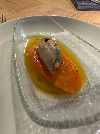 Complimentary starter at one of 2 weekend lunches.  A slice of (very sweet) carrot topped with a luscious mussel bathed in a citrus vinaigrette...Sounds so simple; tastes so complex, and so very good!