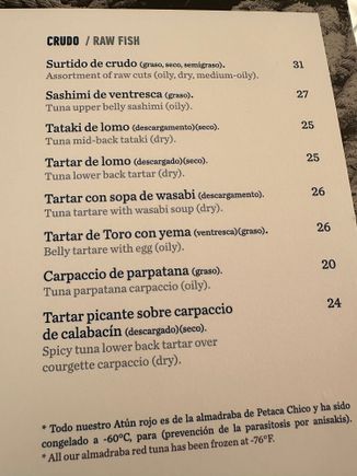 El Alferez carta (menu) of raw seafood dishes; this is just one section of the menu which also includes cooked seafood and fish.