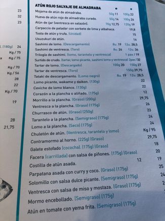 THE "CARTA" of the ATUN ROJO DE LA ALMADRABA, the tuna section of the menu and the heart of EL CAMPERO'S KITCHEN