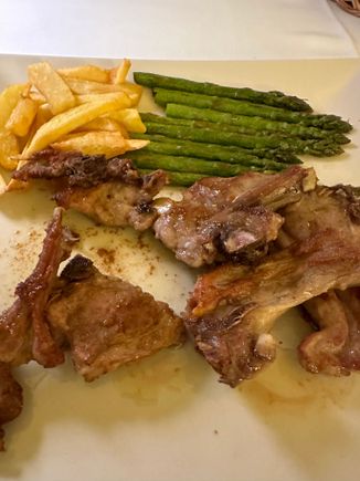 Lamb chops; there is a lot of asparagus on restaurant menus so I imagine they have at least two harvests a year.  These were very nice, not as good as those at La Castela in Madrid however.