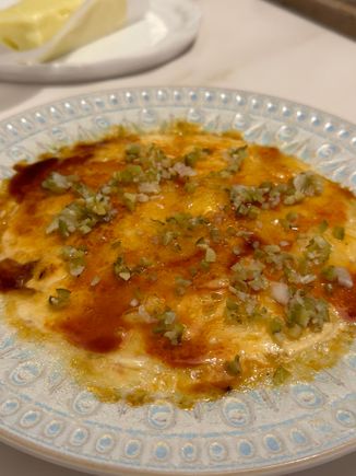 Can you imagine an ensaladilla with a bruleed top coat????  As incredible as it sounds, a snack before our paella (I also ordered two Denia prawns before the rice)